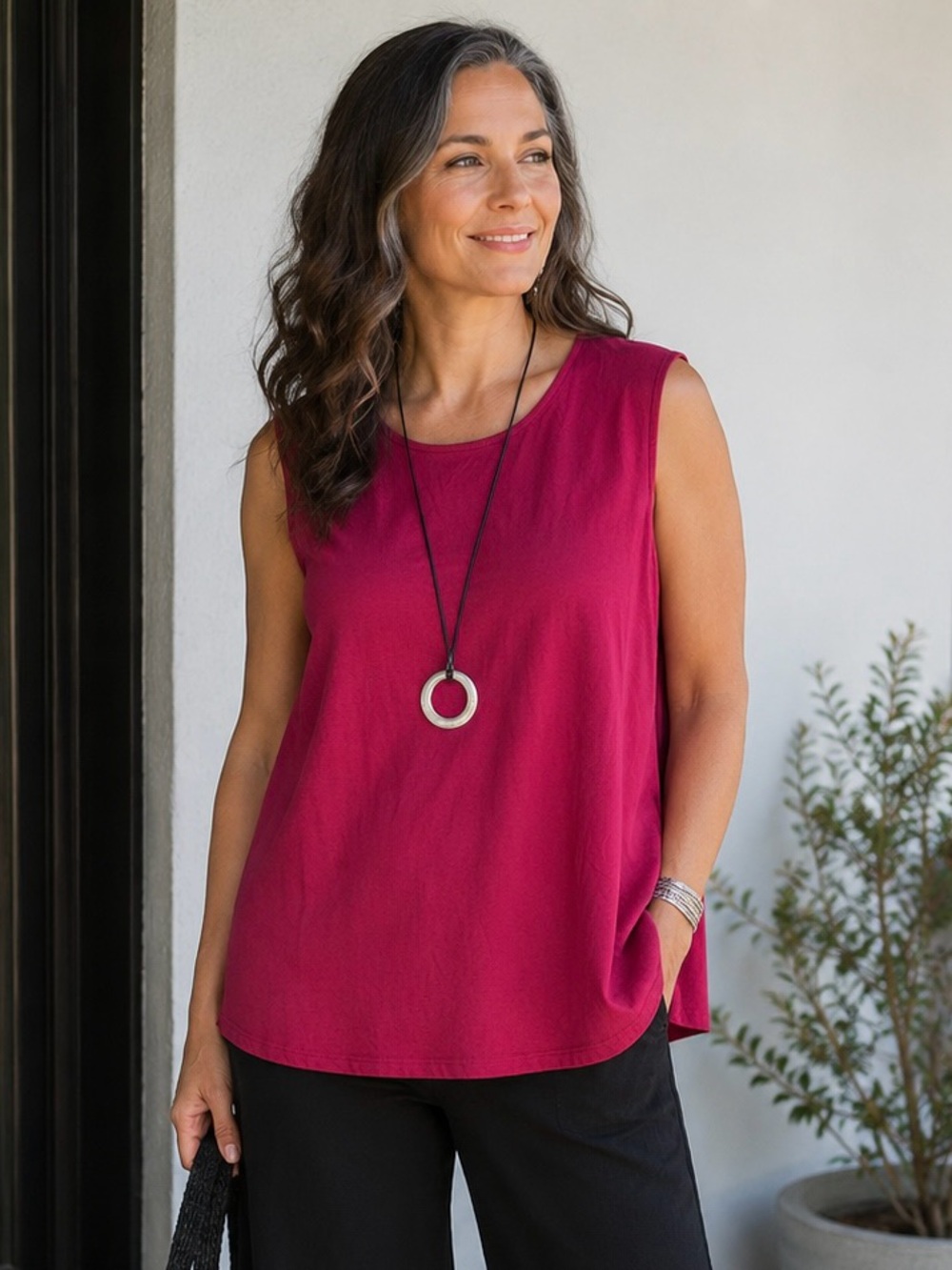 Eileen Fisher 2X Berry Pink Cold Shoulder Sleeveless Top Side Tie Detail Comfy